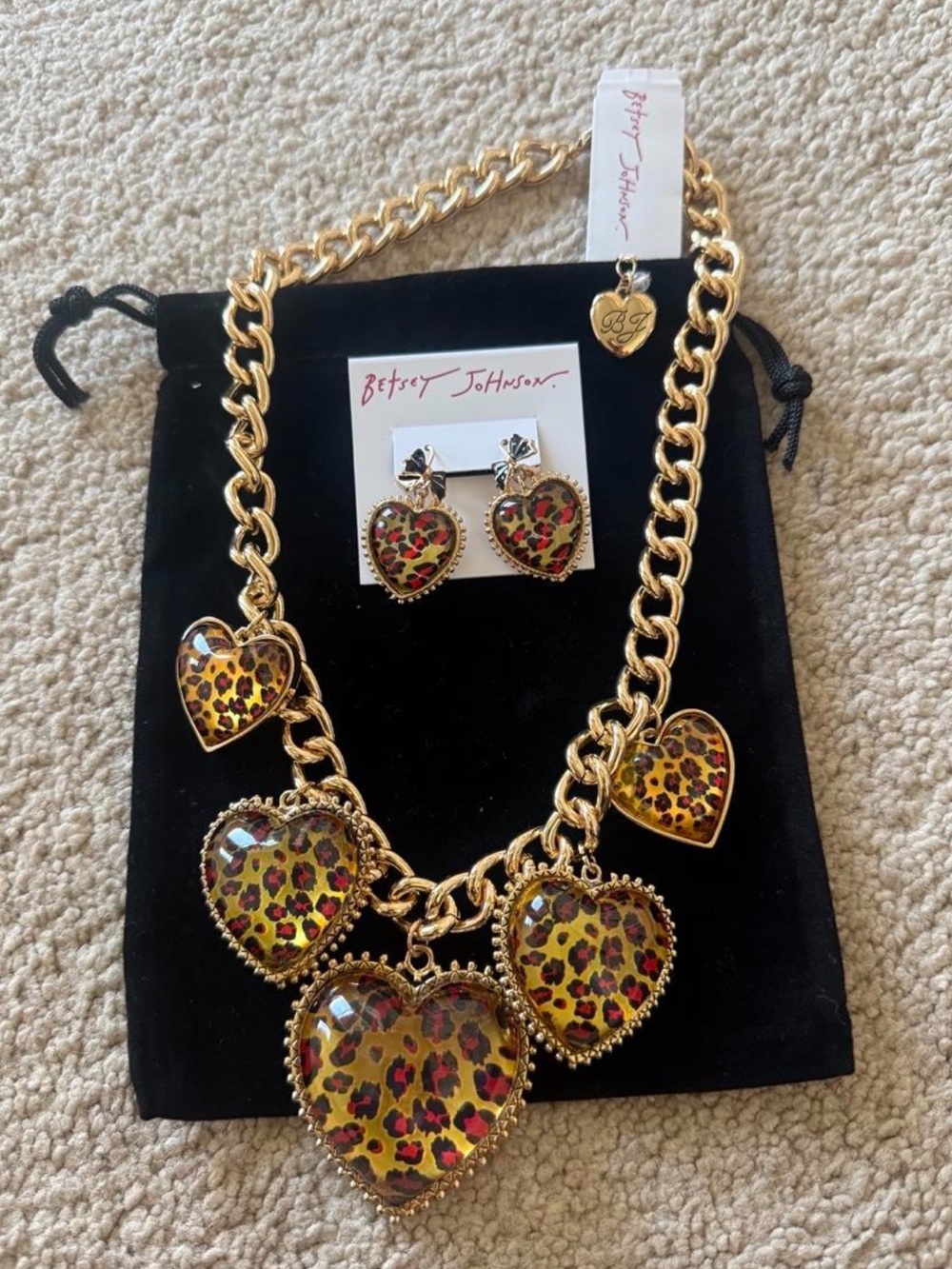 Betsey Johnson Gold-tone Leopard Heart Necklace and Earrings set